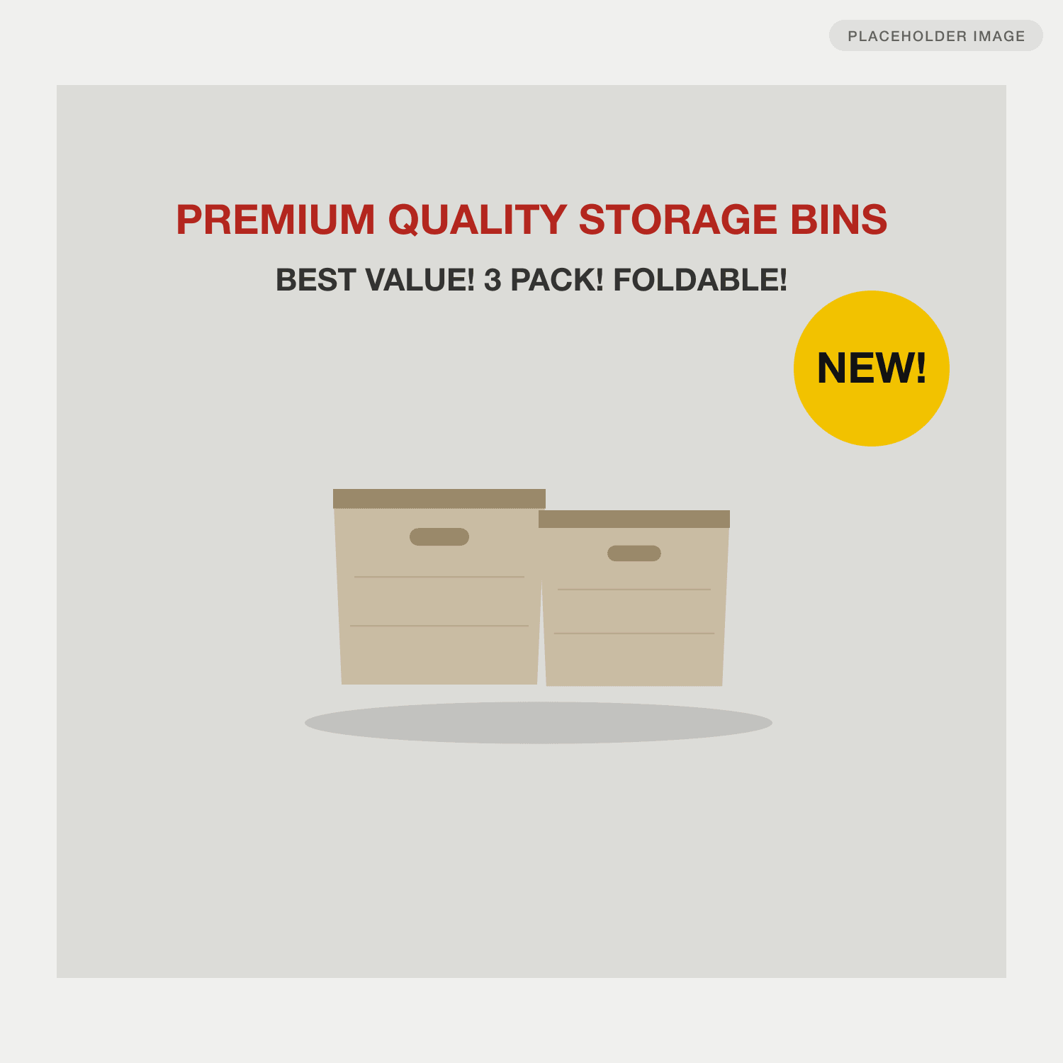 Original main image: two small bins on a grey backdrop under a red all-caps headline and a yellow NEW badge, product fills under half the frame.