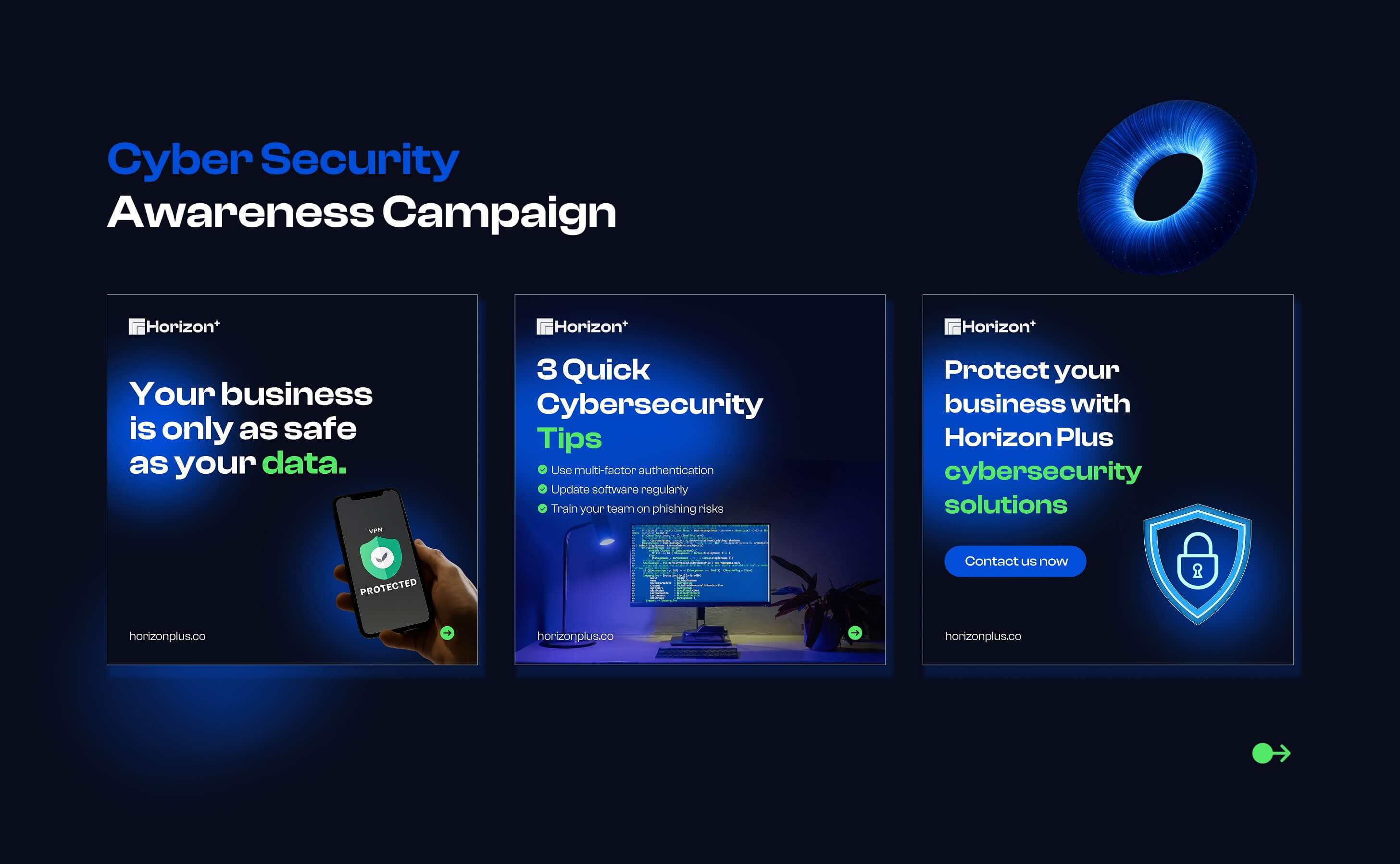 Three Horizon cybersecurity awareness posters on a dark blue background, campaign design by Donika Bajrami.