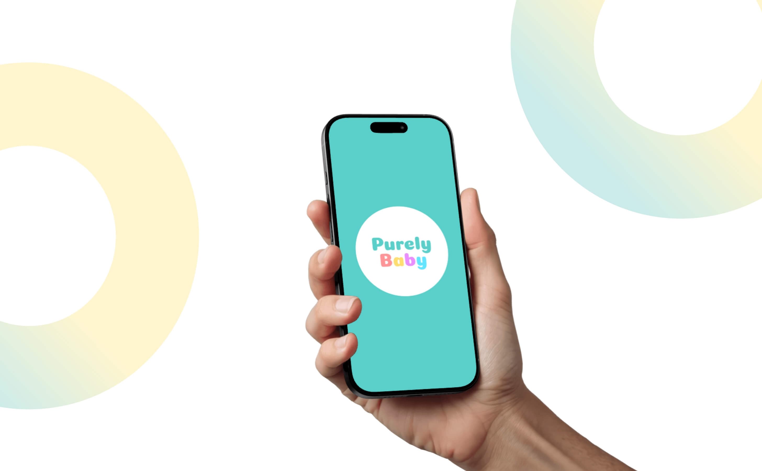 Hand holding a phone with the Purely Baby logo, pastel ring shapes behind, packaging brand by Donika Bajrami.