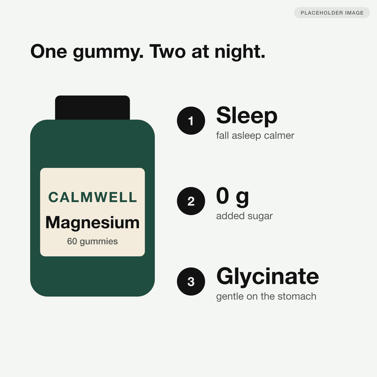 Infographic: the bottle on the left and three numbered benefits in large type: sleep, 0 g added sugar, glycinate.