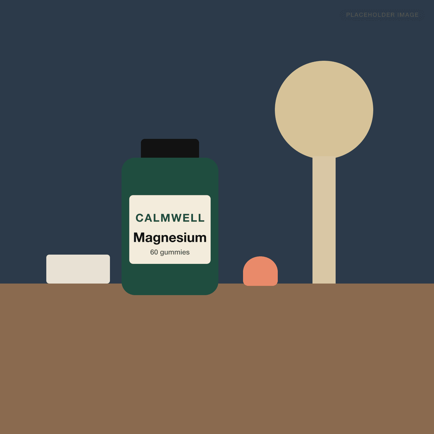 Lifestyle image: the bottle on a wooden nightstand under a warm lamp against a dark blue wall.