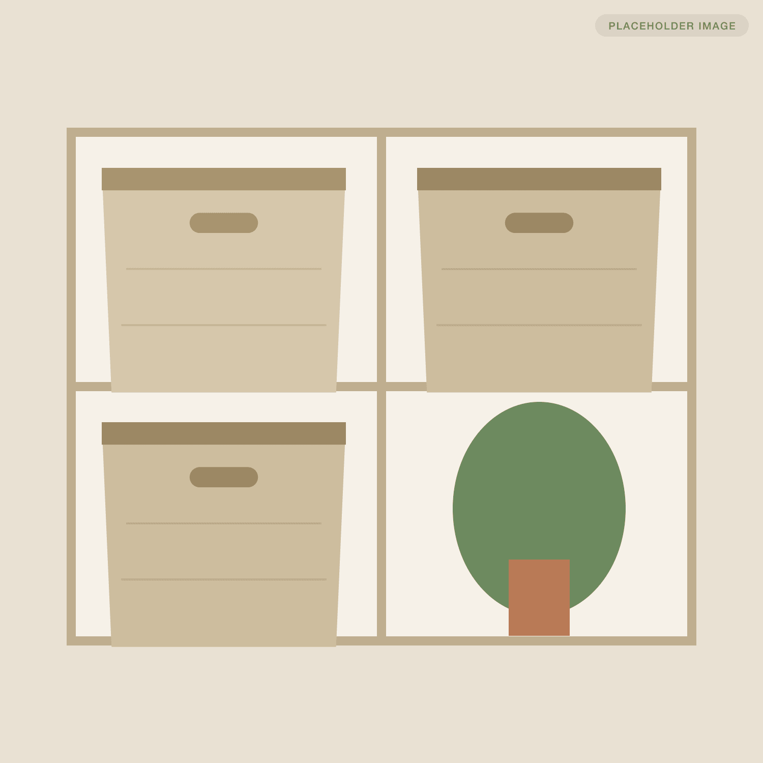 Lifestyle image: three bins sitting in a cube shelf with a potted plant in the fourth cube.