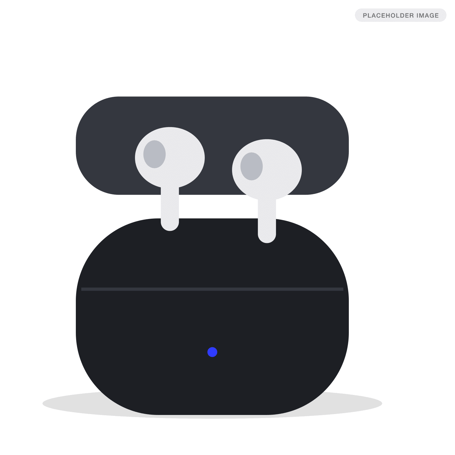 Redesigned main image: the case shown open and filling the frame, both white earbuds lifted above it so the product reads instantly.