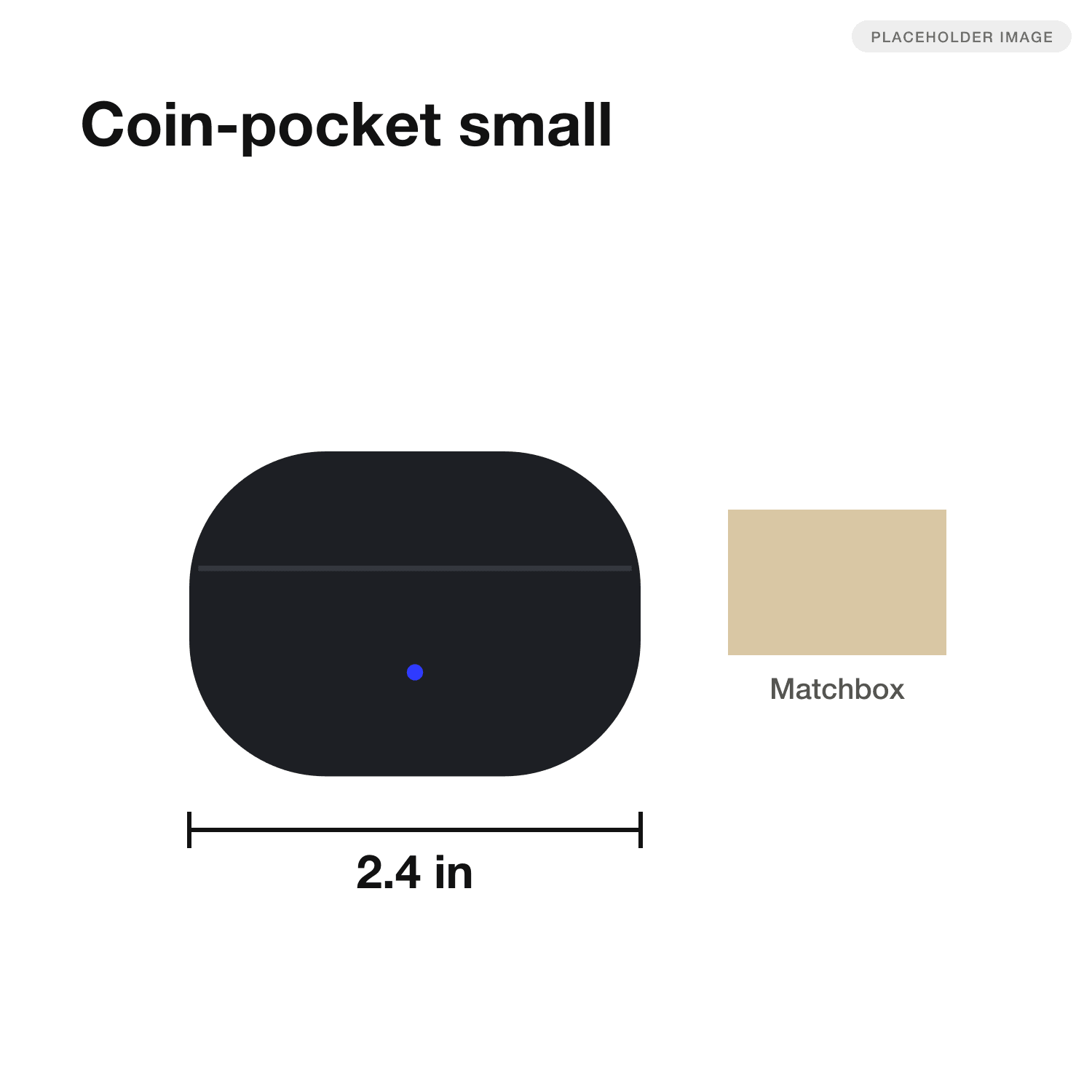Size image: the case beside a matchbox with a 2.4 inch width marker and the headline 'Coin-pocket small'.