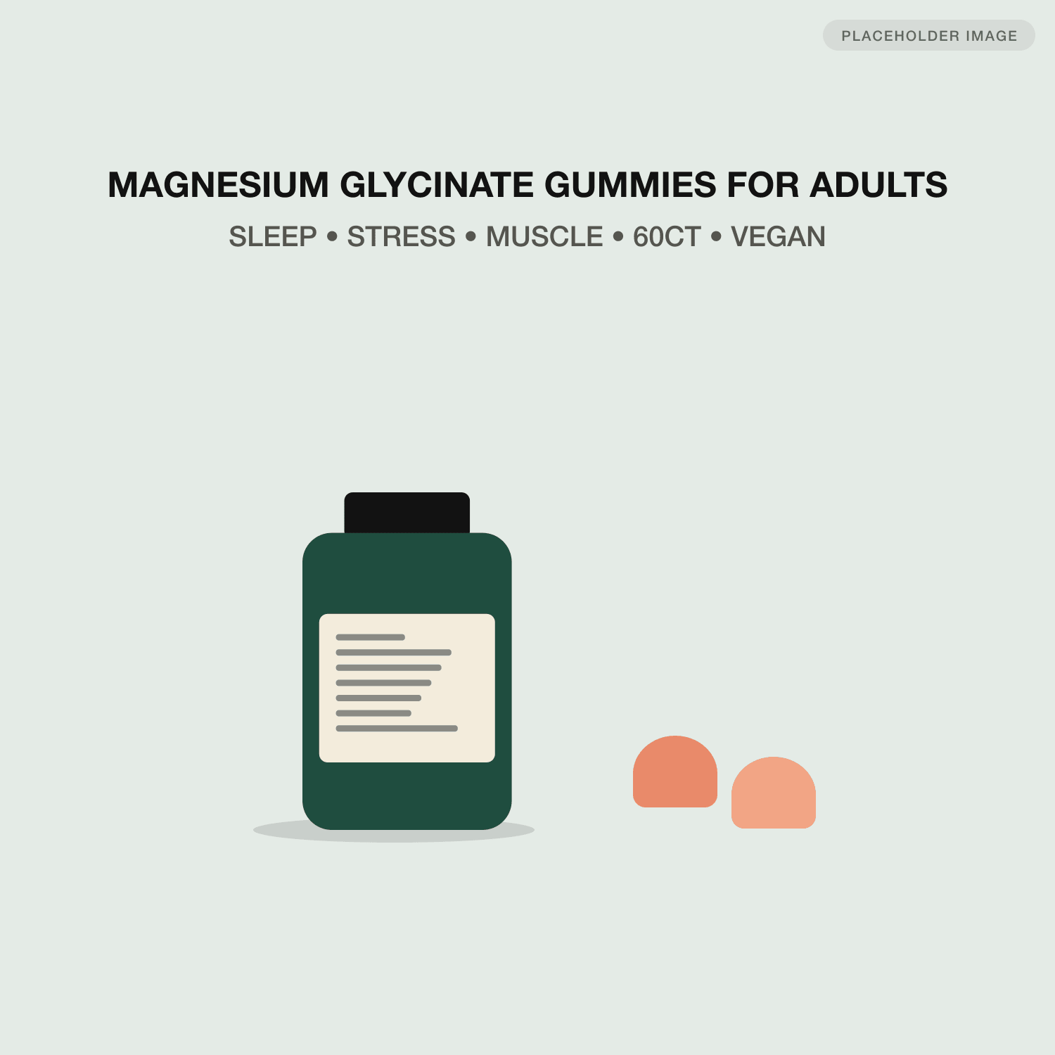 Original main image: a small bottle with an unreadable label on a pale green backdrop under two lines of all-caps keywords.