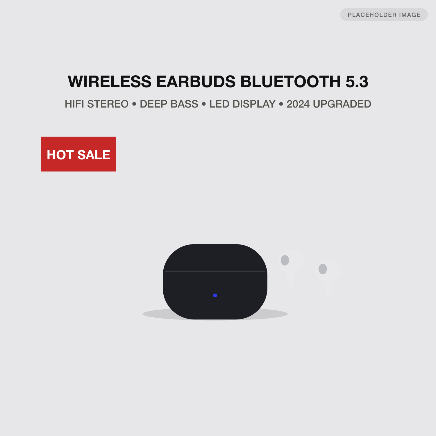 Original main image: a small closed black case and two tiny earbuds under two lines of all-caps spec keywords and a red HOT SALE badge.