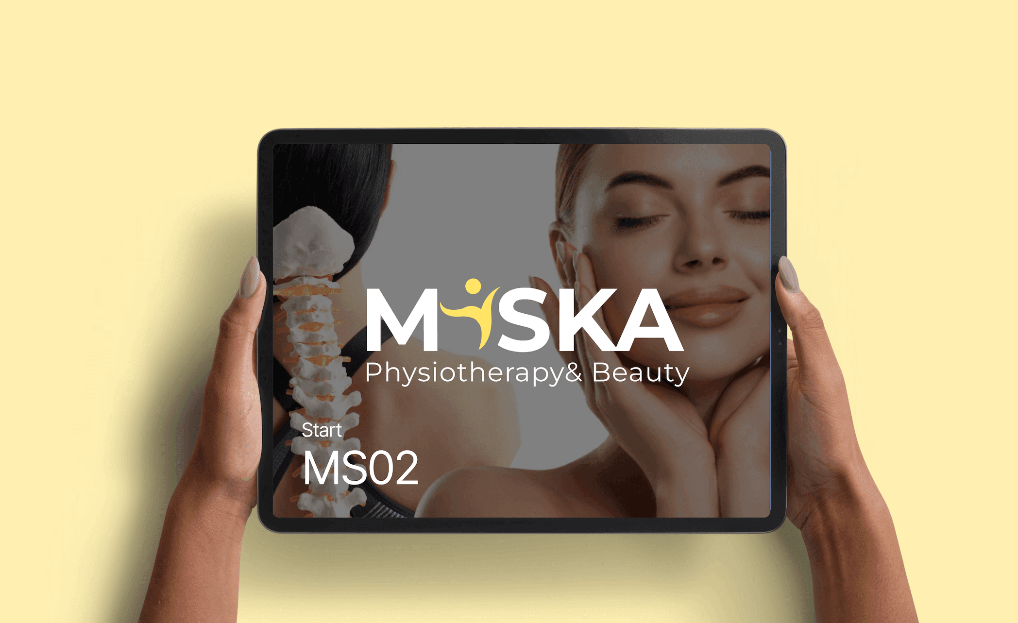 Miska Physiotherapy & Beauty website on a tablet held against a yellow background, by Donika Bajrami.