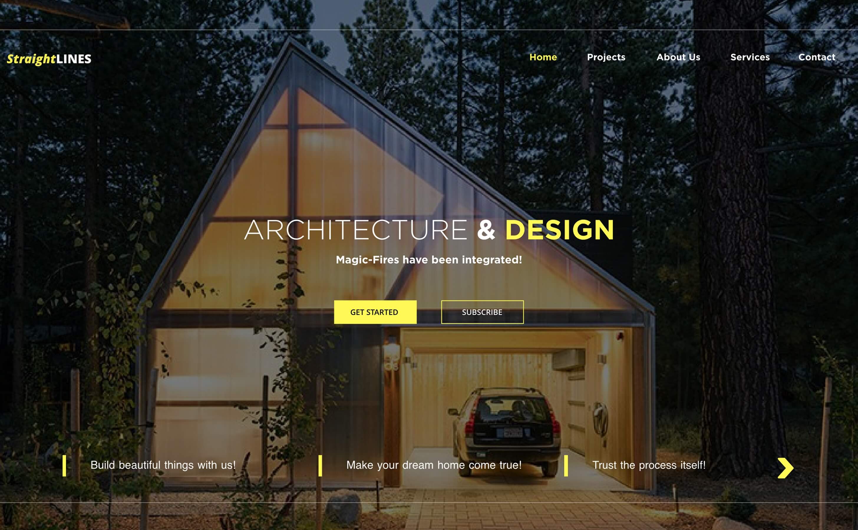 Architecture studio website with a lit glass house in a forest, design by Donika Bajrami.