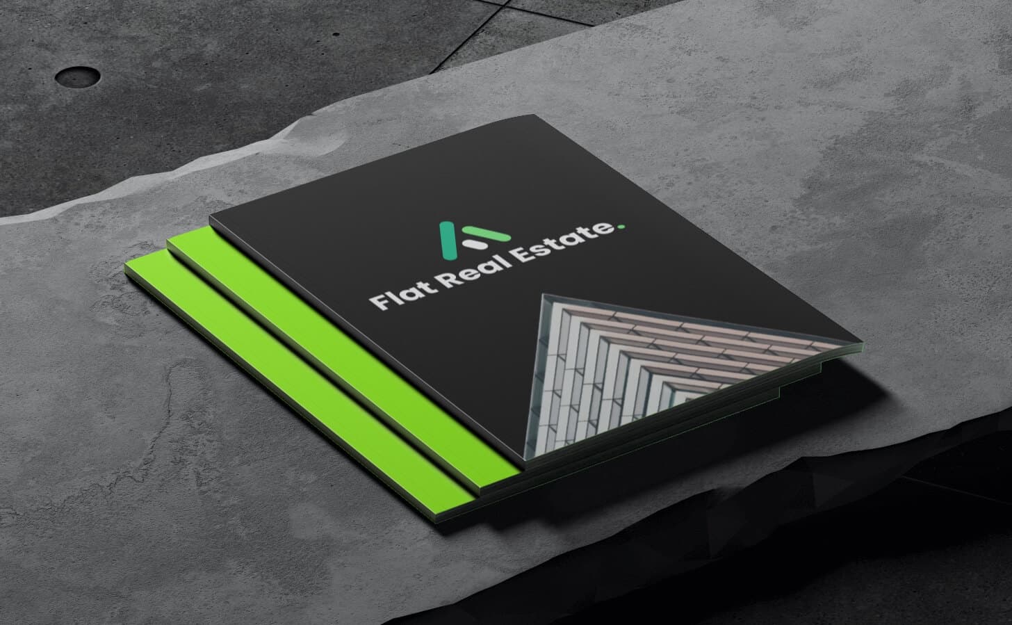Flat Real Estate brochures in black with green stripes on concrete, by Donika Bajrami.